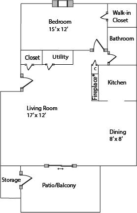 Floor plan for 1 bed, 1 bath, 700 sqft
